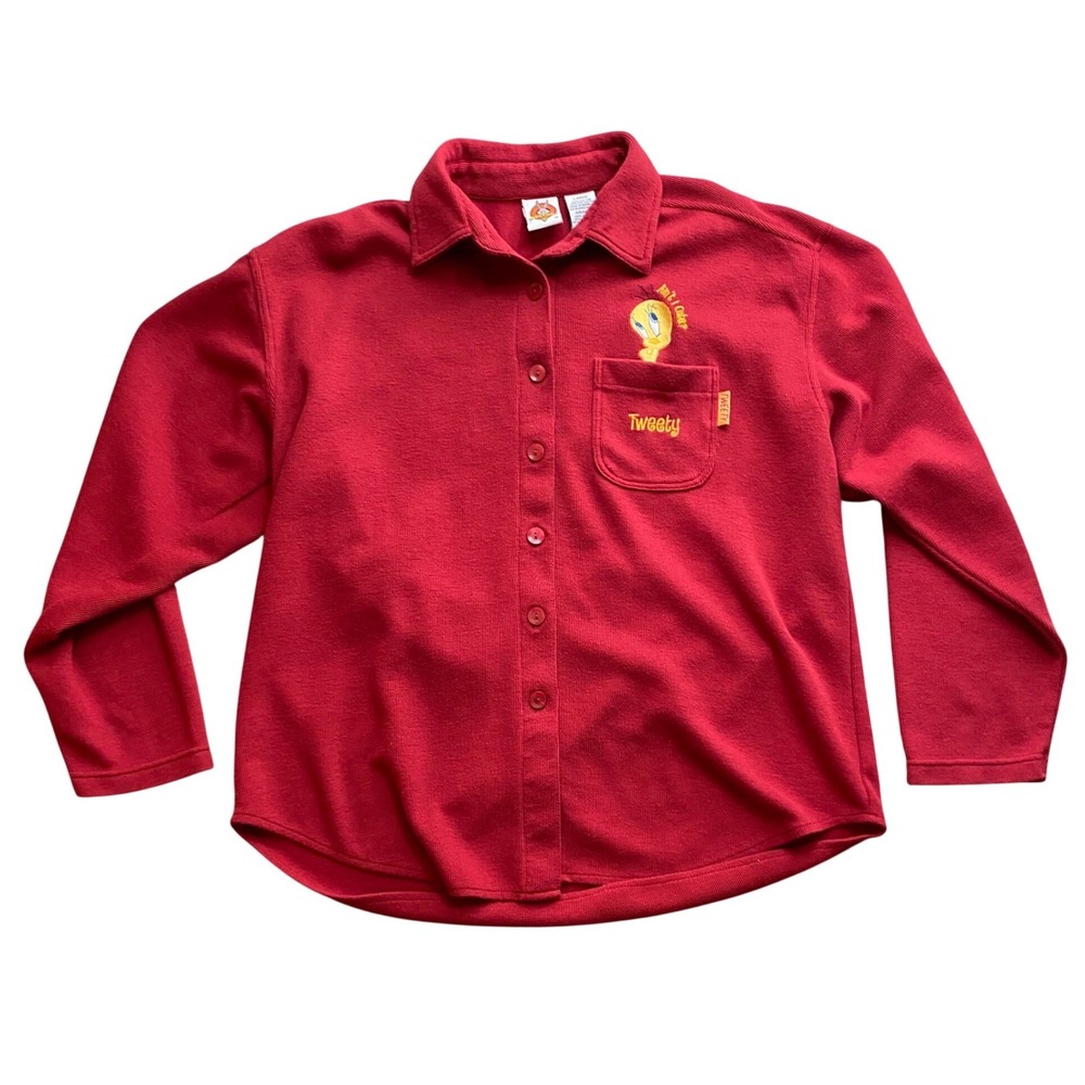 Vintage‎ 2001 Looney Tunes Tweety Bird Shirt Womens Large Red Button-Up, Y2K